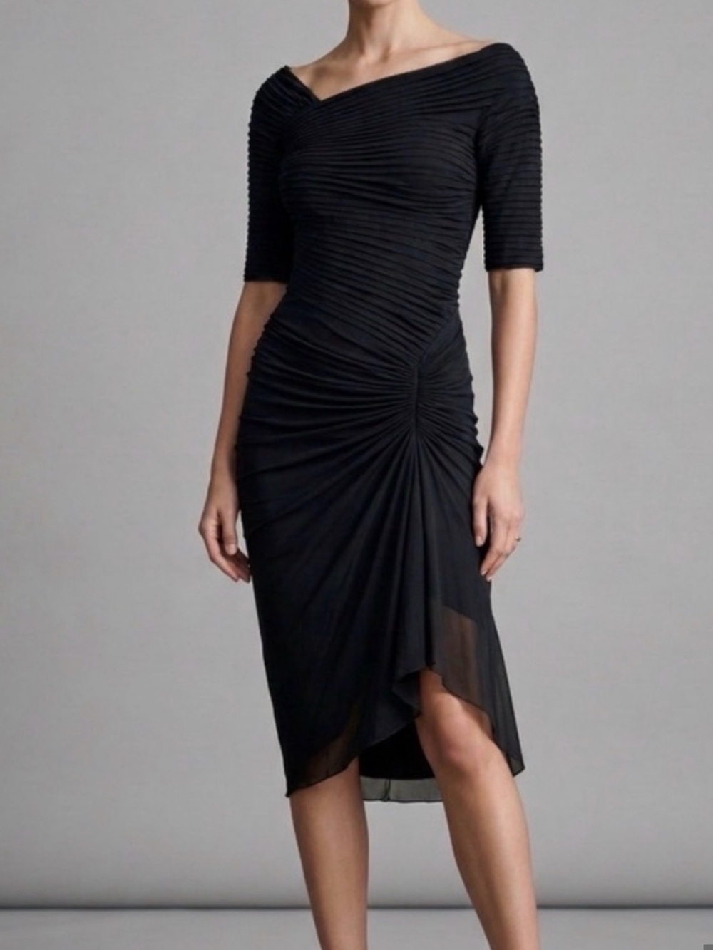Tadashi Shoji Black Ruched Off-Shoulder Midi Dress M